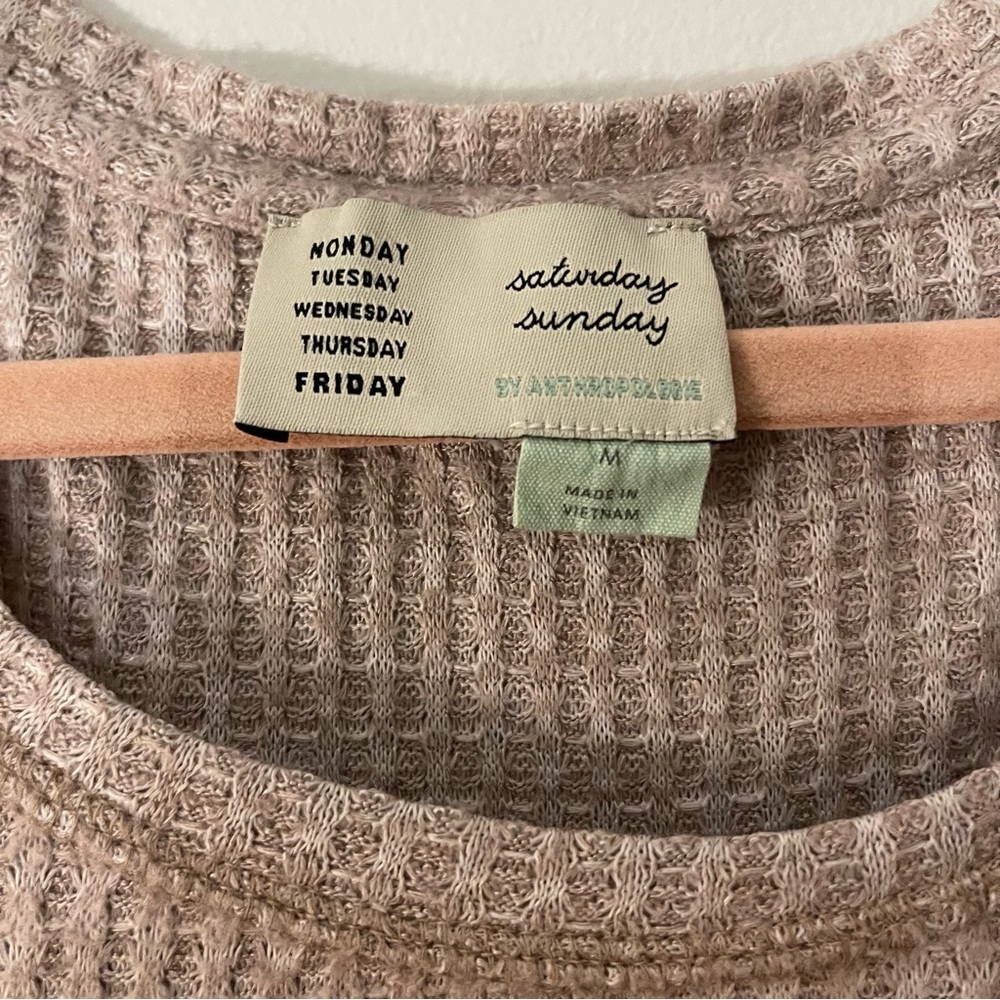 Anthropologie Saturday Sunday Tan Wendy Waffle Knit Top Long Sleeve Ruffle Hem - Picture 4 of 6